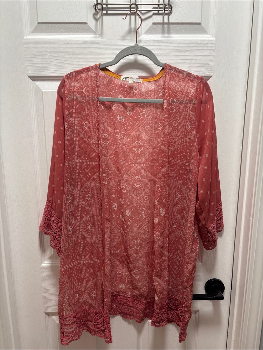 Jolt Rose-Pink Sheer Lace-Trim Open Kimono